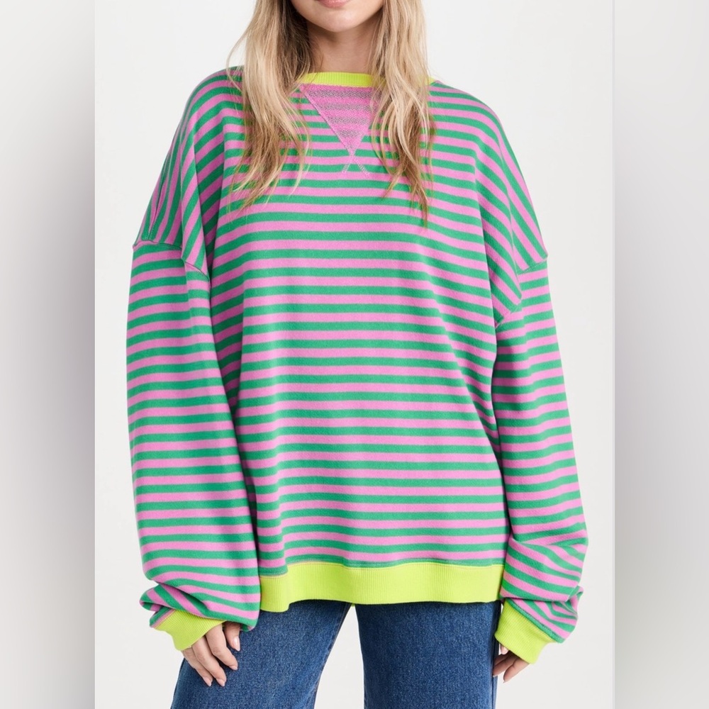 NWT Free People Classic Striped Crew oversized in pink combo lime green size L